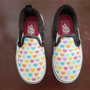 Kids Slip On Vans- White with Colorful Hearts